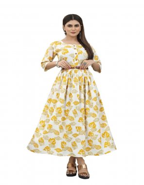 yellow crepe | length - 50 inch | sleeves 14 inch | flare - 2.5m fabric printed work ethnic 