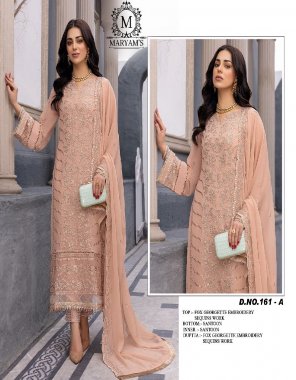 peach top - heavy fox georgette with embroidery & sequance with top lace | bottom - heavy santoon | dupatta - heavy fox georgette with heavy embroidery worked 4 side lace | size - max upto 54 | length - 46+ fabric embroidery work festive 