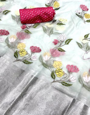 white pure kanchipuram organza with multi flower thread worked with diamond work fabric thread work work festive 