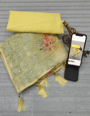 yellow saree - soft organza silk with digital printed and embroidery work | blouse - mono banglory silk unstitched blouse fabric digital printed work festive 