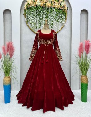 maroon top - 9000 velvet | inner - micro with thread work | size - m ( 38 ) | l ( 40 ) | xl ( 42 ) | flair - 4 m | koti - 9000 velvet with thread sequance work | stitch - full stitch upto 42 fabric thread work work party wear 