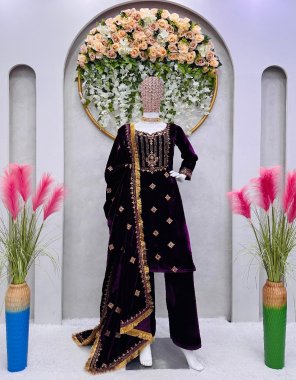 black suit - velvet with inner | inner - micro | work - thread work with sequance | stitch - m ( 38 ) | l ( 40 ) | xl ( 42 ) | dupatta - velvet with thread sequance work ( 2.2 m) | pant - velvet with thread sequance worked | size - upto 42 with elastic  fabric sequance work casual 