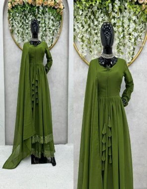mahendi gown - faux georgette with inner with lace border with tassels | length - 54 | flair - 3.5m | size - m ( 38 ) | l ( 40 ) | xl ( 42 ) | dupatta - faux georgette with plain ( 2.2 m)  fabric printed work casual 