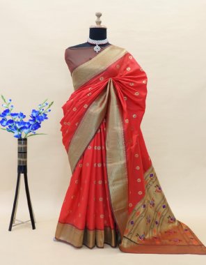red paithani pure silk handloom saree with gold jari fabric weaving work casual 