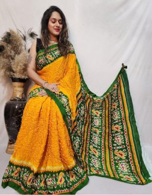 yellow lagdi semi gajji soft silk lagdo patta saree fabric printed work casual 