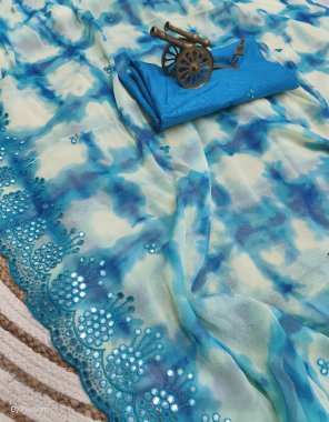 sky blue saree - soft georgette silk with digital printed and embroidery mirror work | blouse - mono banglory mirror work fabric embroidery work casual 