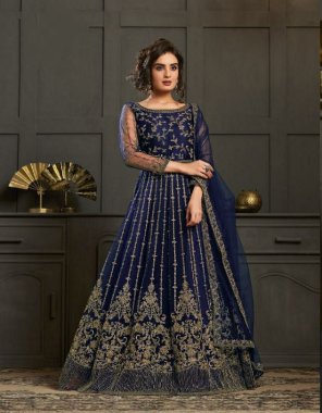 navy blue top - heavy butterfly net with embroidery & codding work | sleeves - heavy butterfly net with embroidery codding work | bottom - heavy inner heavy santoon silk | top inner - heavy japan satin | dupatta - heavy four side embroidery codding work lace | length - max upto 55 | flair - max upto 2.25 m | size - max upto 44 fabric embroidery work party wear 