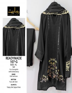 black top - fox georgette with embroidery | inner- dull santoon | bottom - pure silk pant | dupatta - tabby silk digital printed ( pakistani copy ) fabric embroidery work casual 