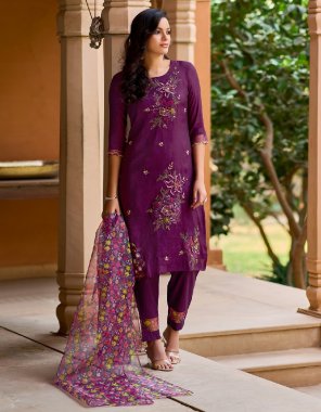 purple silk with floral embroidered thread work fabric embroidery work ethnic 