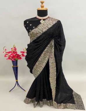 black saree - blooming vichitra zari embroidery with stone attached | blouse - embroidery work blouse fabric embroidery work ethnic 