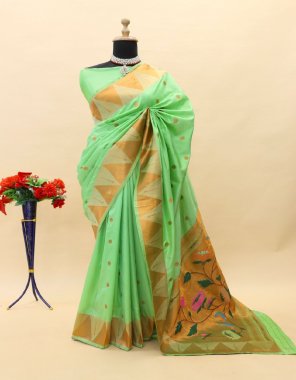 parrot green paithani pure silk handloom saree with copper jari fabric weaving work casual 