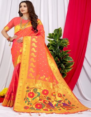orange paithani pure silk handloom saree with gold  jari fabric weaving work ethnic 