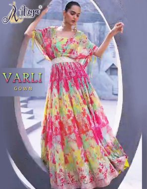 pink gown - heavy creeze georgette  fabric printed work ethnic 