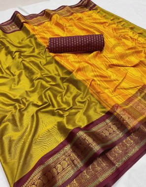yellow aura silk with jacquard blouse with latkan ( fumka )  fabric jacquard work party wear 