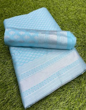 sky blue soft lichi silk with silver jari design fabric jari work work party wear 