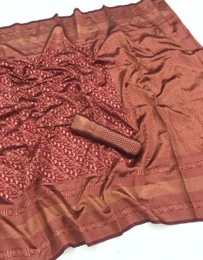 maroon soft lichi silk with copper jari work fabric jari work work casual 