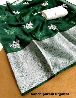 dark green pure kanchipuram organza with silver sequance work | blouse - satin blouse fabric sequance work work casual 