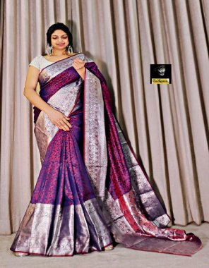 purple semi handloom weaving pure kanjivaram silk saree with silver zari border fabric weaving work festive 