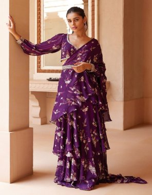 purple lehenga saree - faux georgette with digital printed & 3 layer reffule with attached dupatta with embroidery belt | inner - heavy micro cotton | blouse - georgette with floral digital printed ( full stitched ) |  size - 42 xl free size ( upto xxl 44 margin ) | dupatta - heavy faux georgette  & digital print ruffle attached ( 3 m) fabric digital printed work casual 
