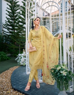 yellow top - schiffli and handwork on organza with inner | pant - pure viscose pant | dupatta - pure organza print dupatta fabric handwork work festive 
