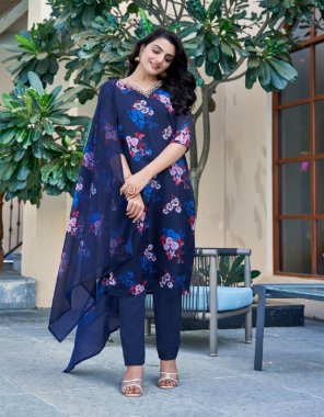 navy blue top - organza digital print and khatli work with full inner | bottom - muslin with one side pockets | dupatta - organza digital print | length - 46