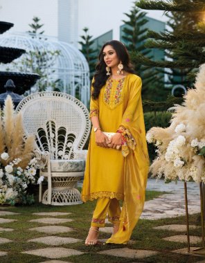 yellow top - hand work and embroidery on viscose fabrics | bottom - organza embroidery lace on viscose fabrics | dupatta - digital printed dupatta with embroidery fancy lace and tussle fabric embroidery work casual 