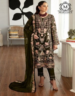 mahendi top - heavy fox georgette with embroidery sequance work | bottom - heavy dull santoon with patch work | inner - heavy dull santoon | dupatta - heavy georgette embroidery sequance work | size - max upto 54 | length - max upto 44 fabric embroidery work casual 