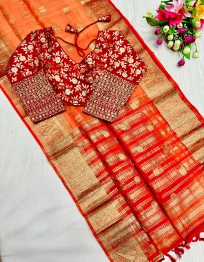 orange semi pure muslin silk with weaving work | blouse - stitching weaving blouse with embroidery work  | blouse size - 38 upto 42 fabric weaving work ethnic 