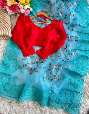 sky blue semi pure organza saree | blouse - jimmy chu organza stitch blouse | size - 38 upto 40 fabric embroidery work casual 