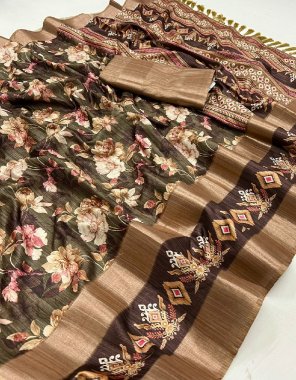 mahendi soft tussar silk with bentex zari weaving border with digital printed | blouse - running contrast plain blouse fabric digital printed work festive 
