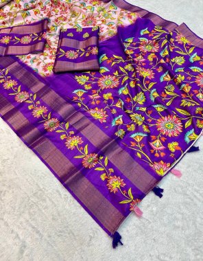 purple pure handloom silk with zari weaving digital printed  fabric digital printed work casual 