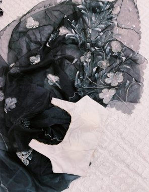 black soft organza silk with handprinted | blouse - mono satin blouse ( stitched )  fabric handprinted work festive 
