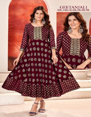 maroon faux georgette foil gold print with linning attached inside with embroidery sequance work | length - 50 