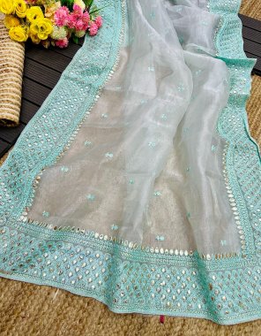 sky blue soft organza with foil mirror work with heavy embroidery | blouse - matching plain silk fabric embroidery work festive 