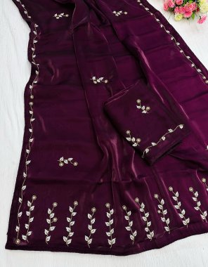 wine metalic jimmy choo with hand kardana saree with pearl work | blouse - running handwork blouse fabric handwork work ethnic 