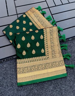 dark green shatin silk 100% kanjivaram silk  fabric weaving work casual 