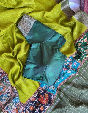 parrot green pure viscose kalamkari & zari stripes | blouse - unstitched fabric printed work casual 