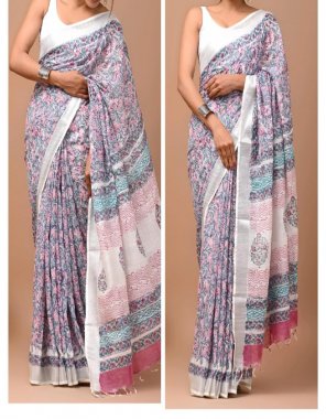 pink linen saree with digital printed and silver jari weaving border | blouse - running color with digital printed  fabric digital printed work casual 