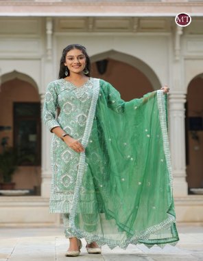 green cotton with 3/4rth sleeves  | dupatta - organza  fabric embroidery work casual 