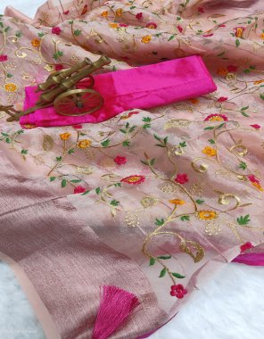pink saree - pure organza silk with zari woven work | blouse - satin banglory silk fabric thread work work festive 