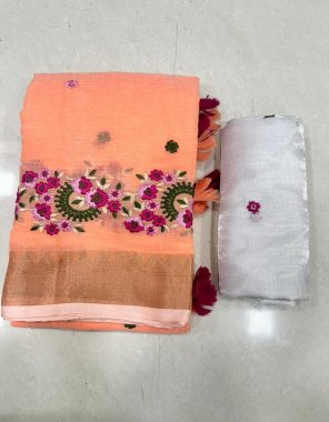 orange saree - soft linen with gold weaving border with multi weaving work | blouse - banglory satin embroidery fabric weaving work ethnic 