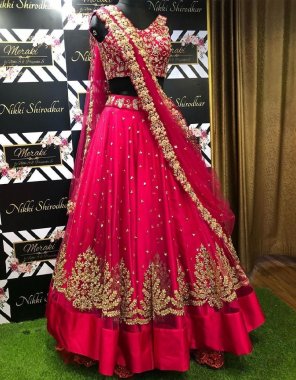 pink choli - soft net with sequance with thread work | size - unstitch upto 42 | lehenga - soft net | inner - silk | work - thread with sequance work | size - semi stitch upto 42 | dupatta - soft net with thread sequance work four side lace border  fabric sequance work casual 