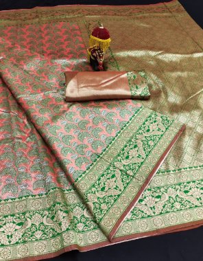 peach soft silk with weaving jari ikkat style with contrast border work and tussals  fabric weaving work ethnic 