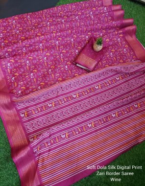 pink soft dola silk varli digital printed saree with golden zari border  fabric digital printed work festive 
