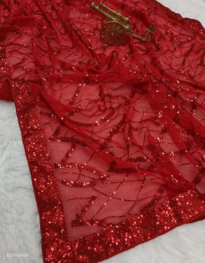 red saree - georgette with sequance work with lace border | blouse - banglory blouse fabric sequance work casual 