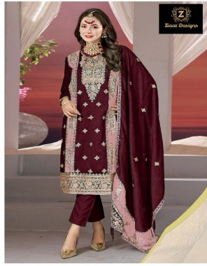 maroon top - chinon embroidered ( semi stitched ) | inner & bottom - santoon | dupatta - chinon embroidered with heavy multi embroidery work  fabric embroidered work festive 
