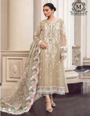 cream top - heavy fox georgette with embroidery sequance work | bottom & inner - heavy dull santoon | dupatta - heavy organza with digital printed and sequance embroidery work | size - max upto 54 | length - max upto 44 fabric embroidered work festive 