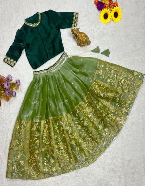 parrot green blouse - banglori satin with hand sleeves embroidered sleeves & neck work | lehenga - soft burberry silk with sequins butta work & thread work and sequance work | linning / inner - micro cotton fabric sequance work festive 