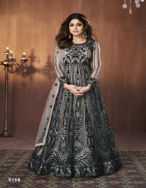 black top -net with embroidery sequance work | sleeves - net with embroidery work | inner & bottom - satin | dupatta - net with embroidery work | length - max upto 56 | size - max upto 40| flair - max upto 3.20 | type - semi stitched  fabric embroidery work ethnic 