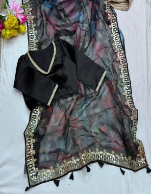 black semi pure organza with printed and heavy embroidery work | blouse- silk with golden sequance work ( stitch ) | size - 38 upto 42 fabric printed work ethnic 